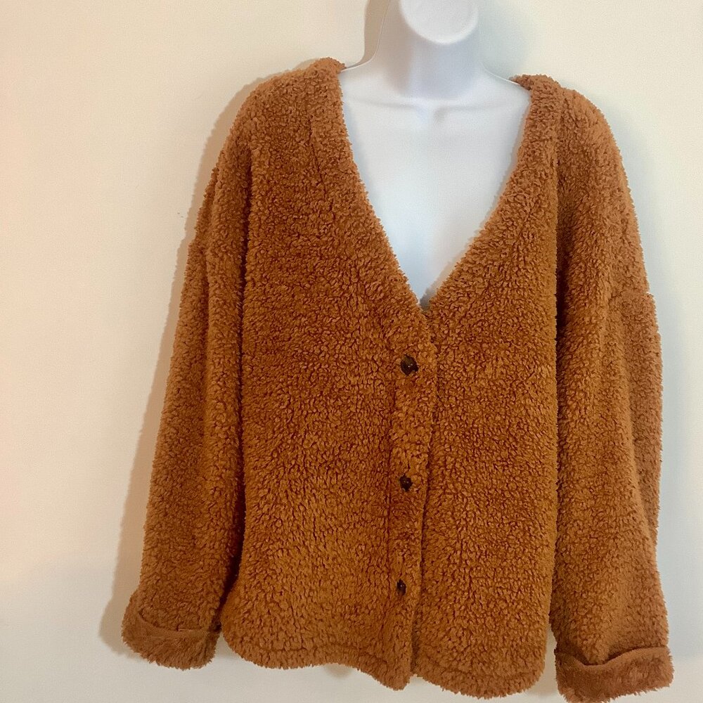 Sherpa Faux Fur  Short Jacket Brown Large No Lining Button